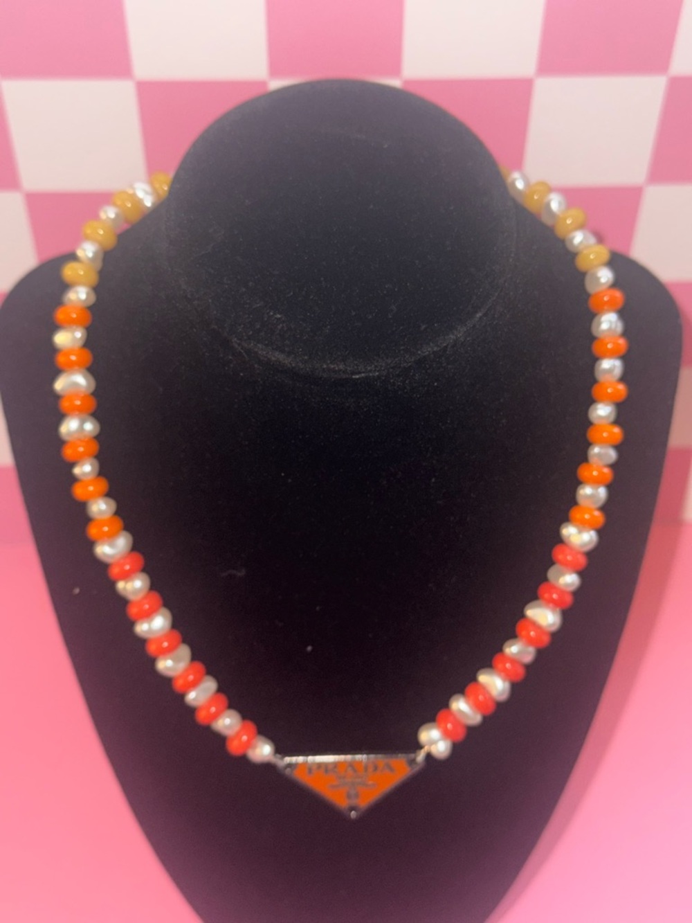 Handmade Orange Necklace with Pearl Accents